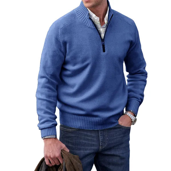 Men's Waffle Knit Quarter-Zip Sweater in Blue - front view