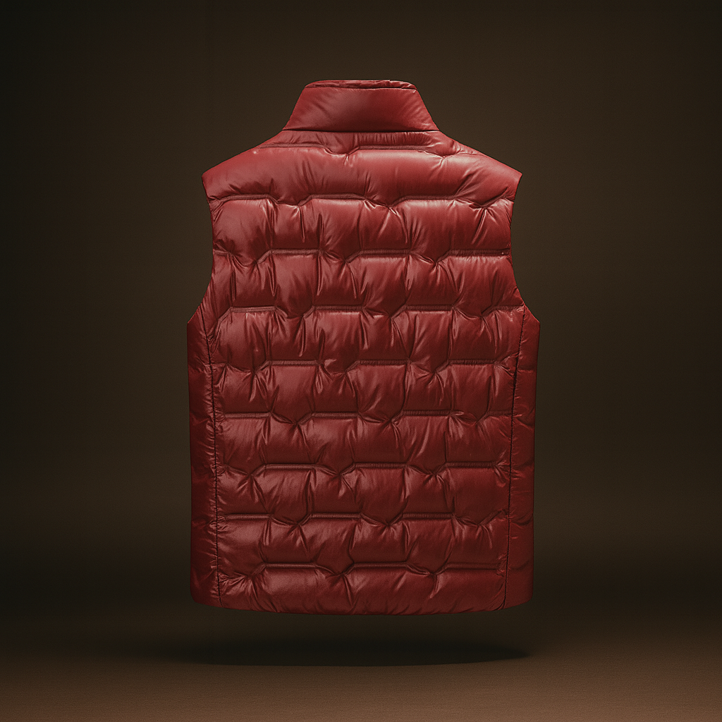Men's Quilted Puffer Vest with Stand Collar in Burgundy - alternate angle showing fit and fabric detail