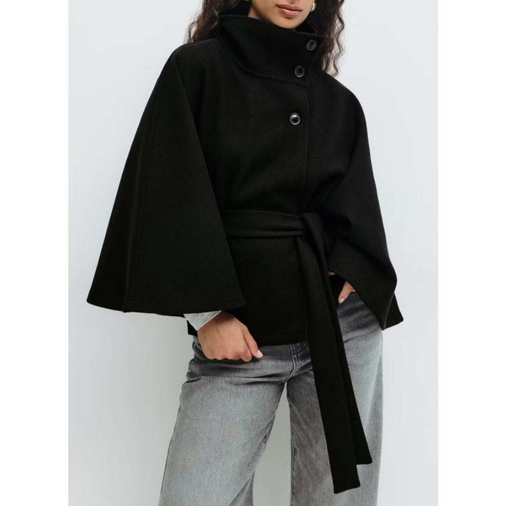 Women's Belted Cape Jacket in Black - front view