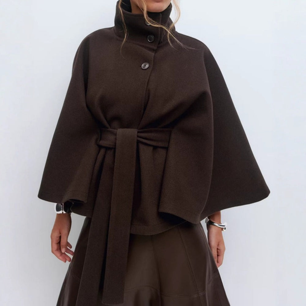 Women's Belted Cape Jacket in Brown - front view