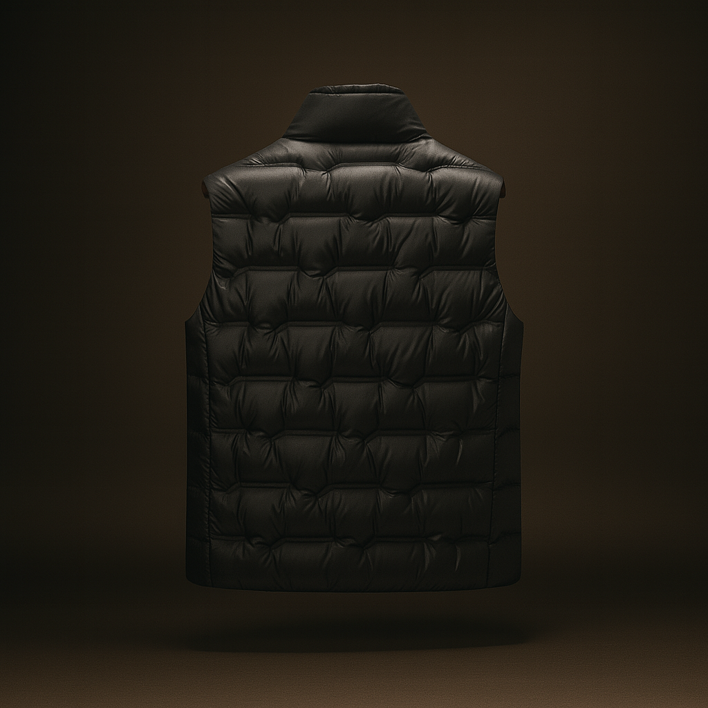 Men's Quilted Puffer Vest with Stand Collar in Black - alternate angle showing fit and fabric detail