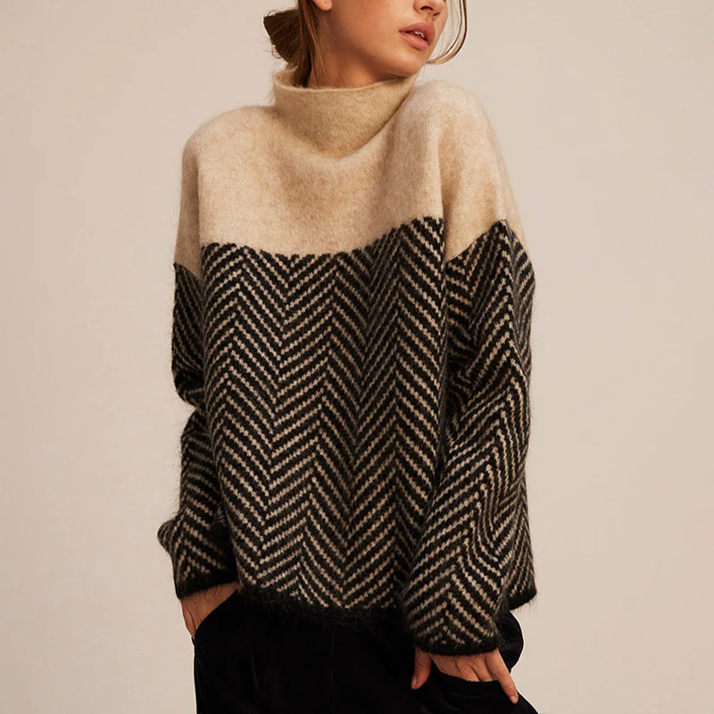 Women's Colour Block Turtleneck Sweater in Brown - front view