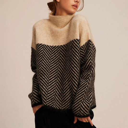 Women's Colour Block Turtleneck Sweater in Brown - front view