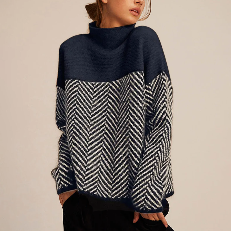 Women's Colour Block Turtleneck Sweater in Blue - front view