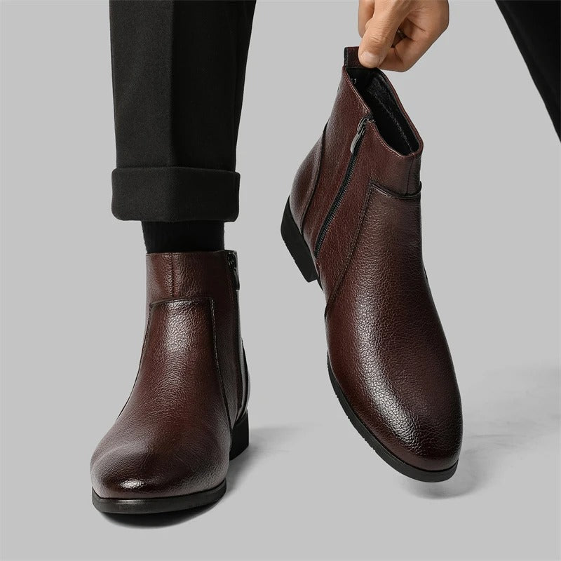 Men's Side Zip Chelsea Boots in Dark Brown - alternate angle showing fit and fabric detail