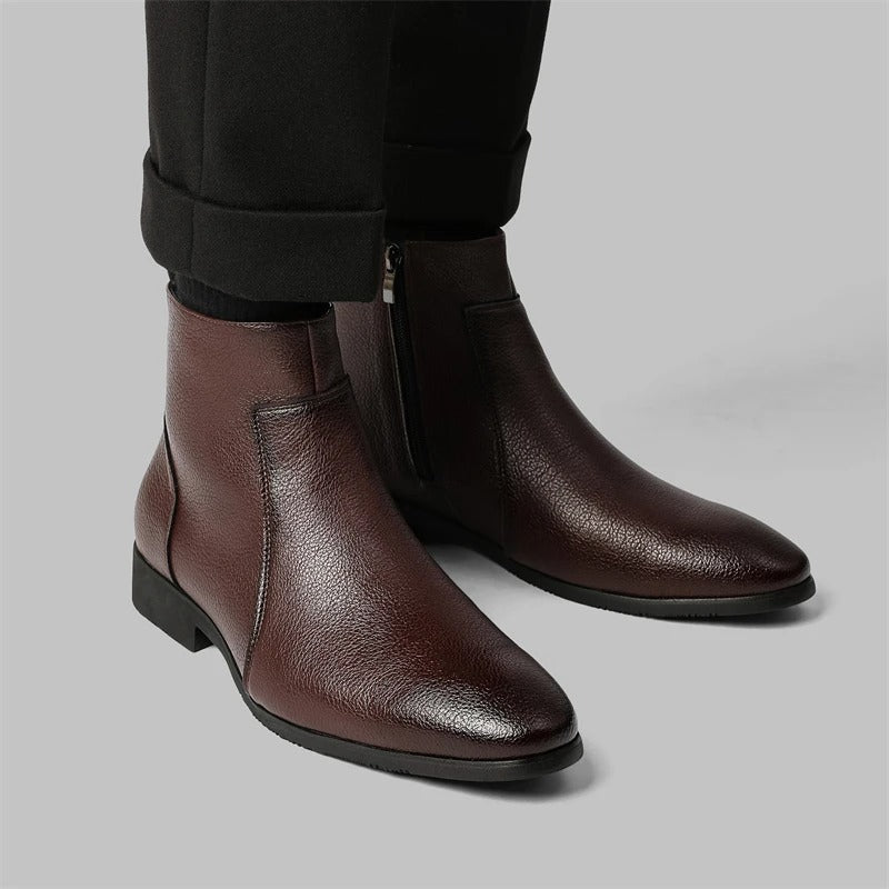 Men's Side Zip Chelsea Boots in Dark Brown - alternate angle showing fit and fabric detail