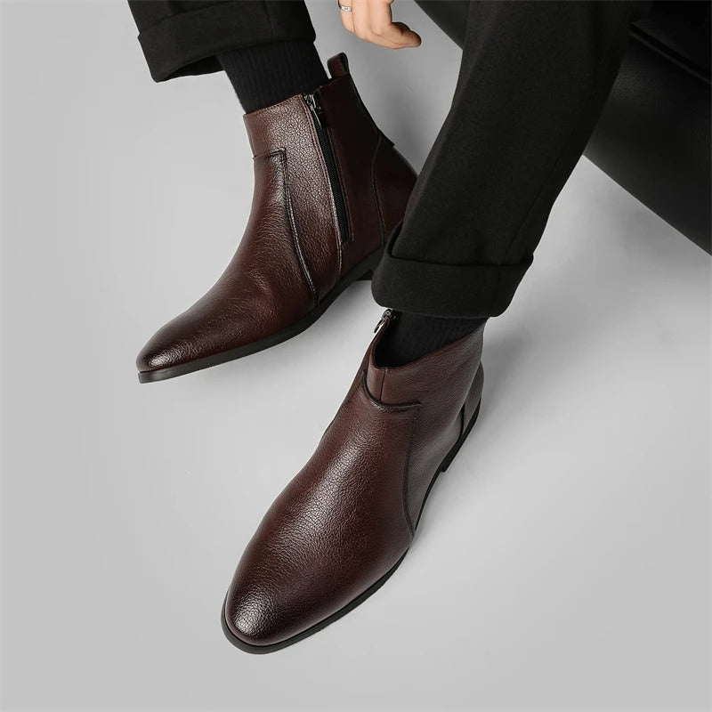 Men's Side Zip Chelsea Boots in Dark Brown - alternate angle showing fit and fabric detail