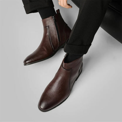 Men's Side Zip Chelsea Boots in Dark Brown - alternate angle showing fit and fabric detail