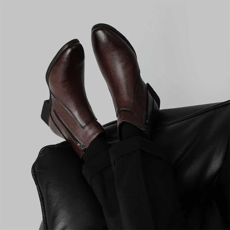 Men's Side Zip Chelsea Boots in Dark Brown - alternate angle showing fit and fabric detail