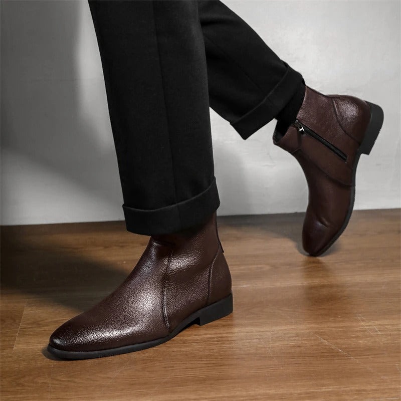 Men's Side Zip Chelsea Boots in Dark Brown - alternate angle showing fit and fabric detail