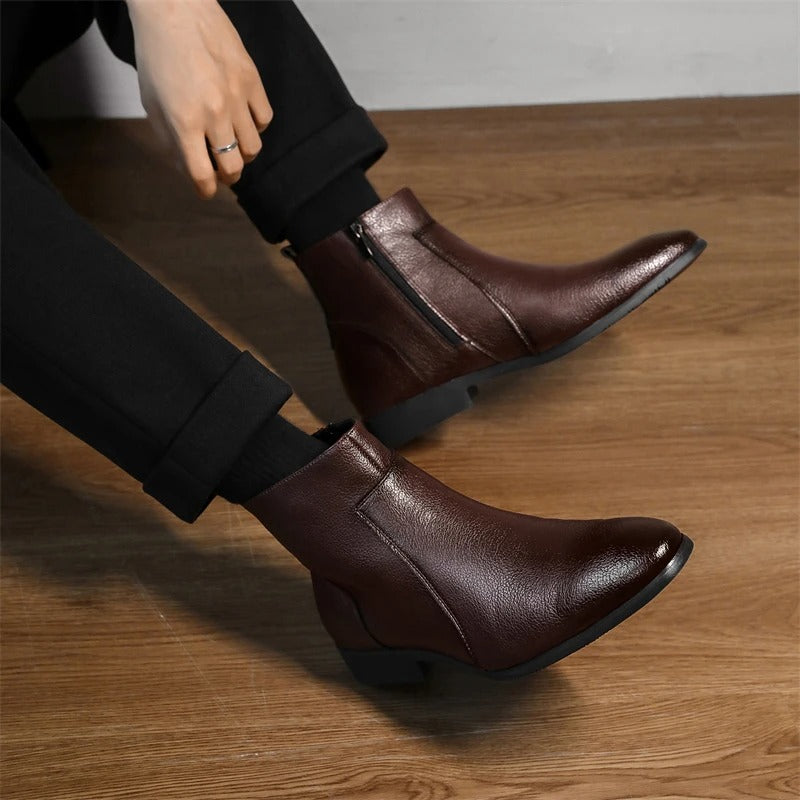 Men's Side Zip Chelsea Boots in Dark Brown - alternate angle showing fit and fabric detail