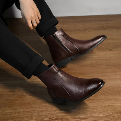 Men's Side Zip Chelsea Boots in Dark Brown - alternate angle showing fit and fabric detail