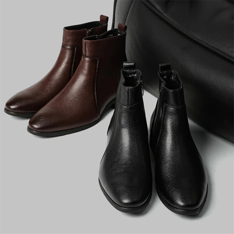 Men's Side Zip Chelsea Boots in Dark Brown - alternate angle showing fit and fabric detail