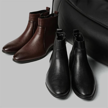 Men's Side Zip Chelsea Boots in Dark Brown - alternate angle showing fit and fabric detail