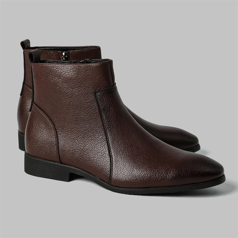 Men's Side Zip Chelsea Boots in Dark Brown - alternate angle showing fit and fabric detail