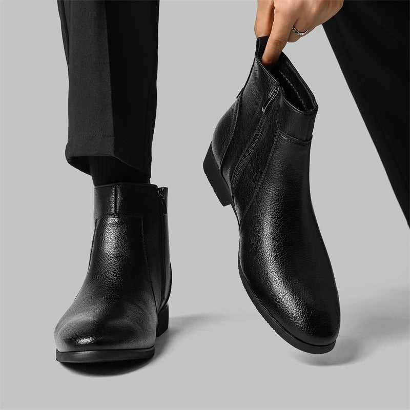 Men's Side Zip Chelsea Boots in Black - alternate angle showing fit and fabric detail
