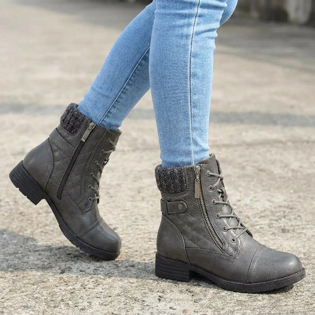 Women's Quilted Lace-Up Ankle Boots in Grey - alternate angle showing fit and fabric detail