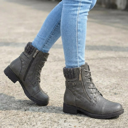 Women's Quilted Lace-Up Ankle Boots in Grey - alternate angle showing fit and fabric detail