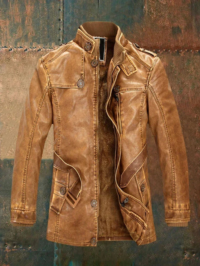 Men's Vintage Faux Leather Jacket with Belted Waist in Light Brown - front view