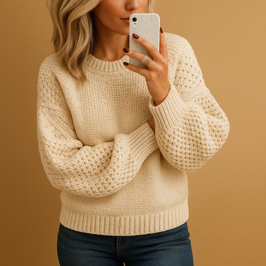 Women's Chunky Knit Crew Neck Sweater in Beige - front view