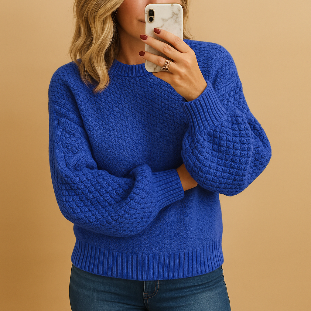 Women's Chunky Knit Crew Neck Sweater in Blue - front view