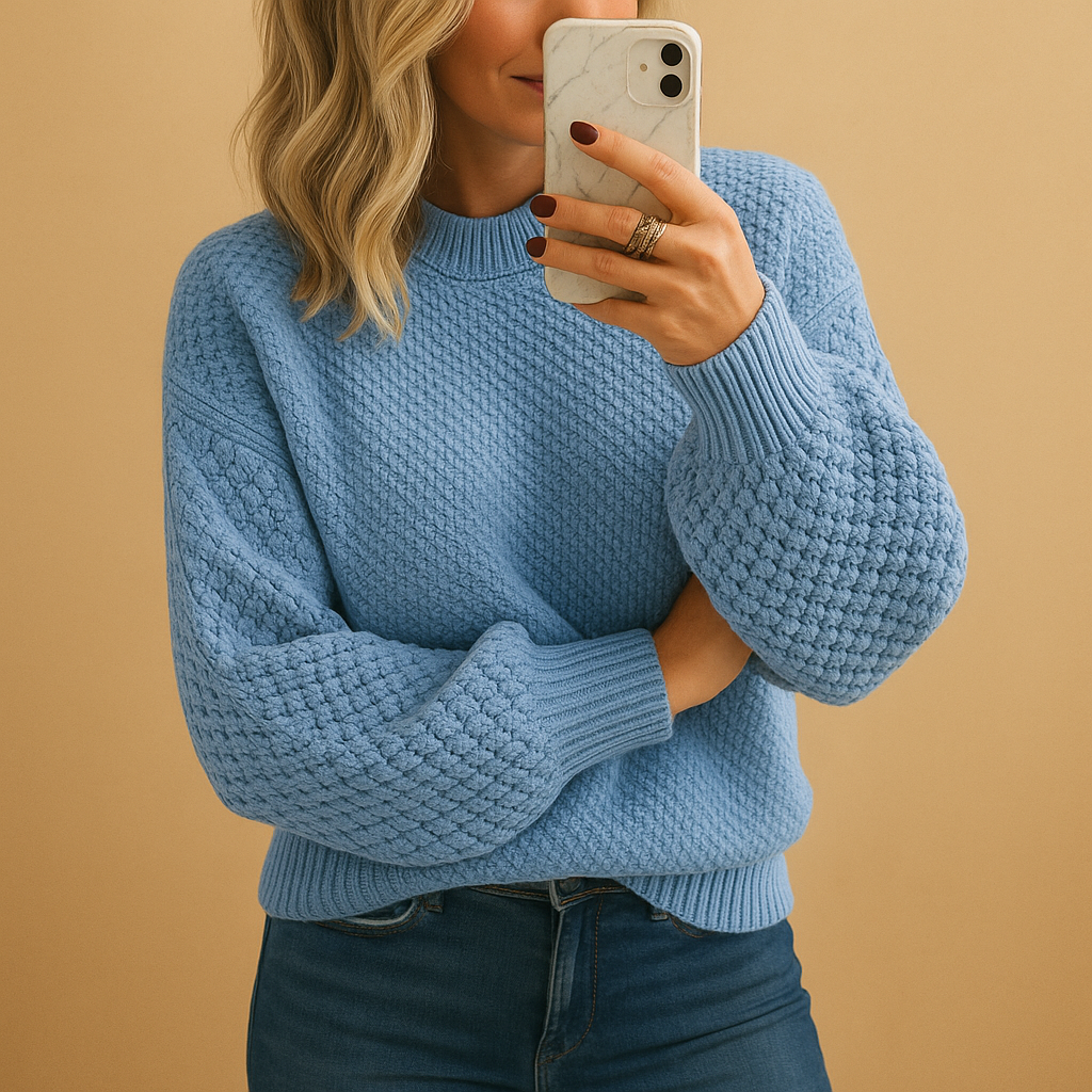 Women's Chunky Knit Crew Neck Sweater in Light Blue - front view