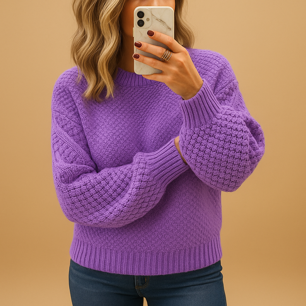 Women's Chunky Knit Crew Neck Sweater in Purple - front view