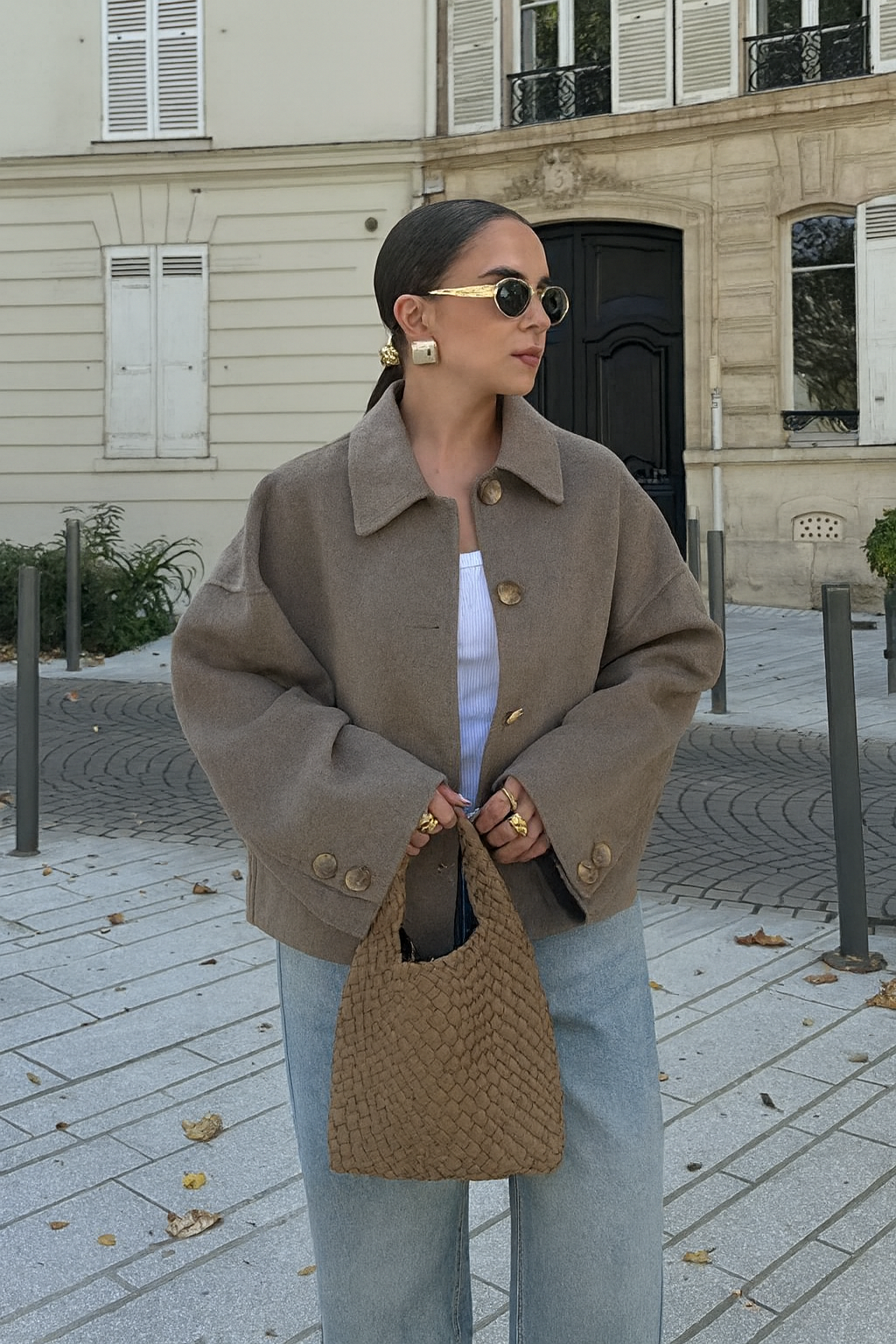 Women's Short Winter Jacket in Taupe - front view