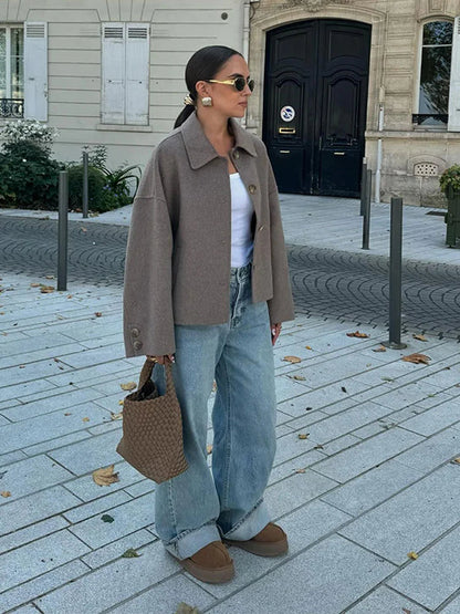 Women's Short Winter Jacket in Taupe - alternate angle showing fit and fabric detail