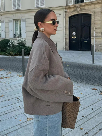 Women's Short Winter Jacket in Taupe - alternate angle showing fit and fabric detail