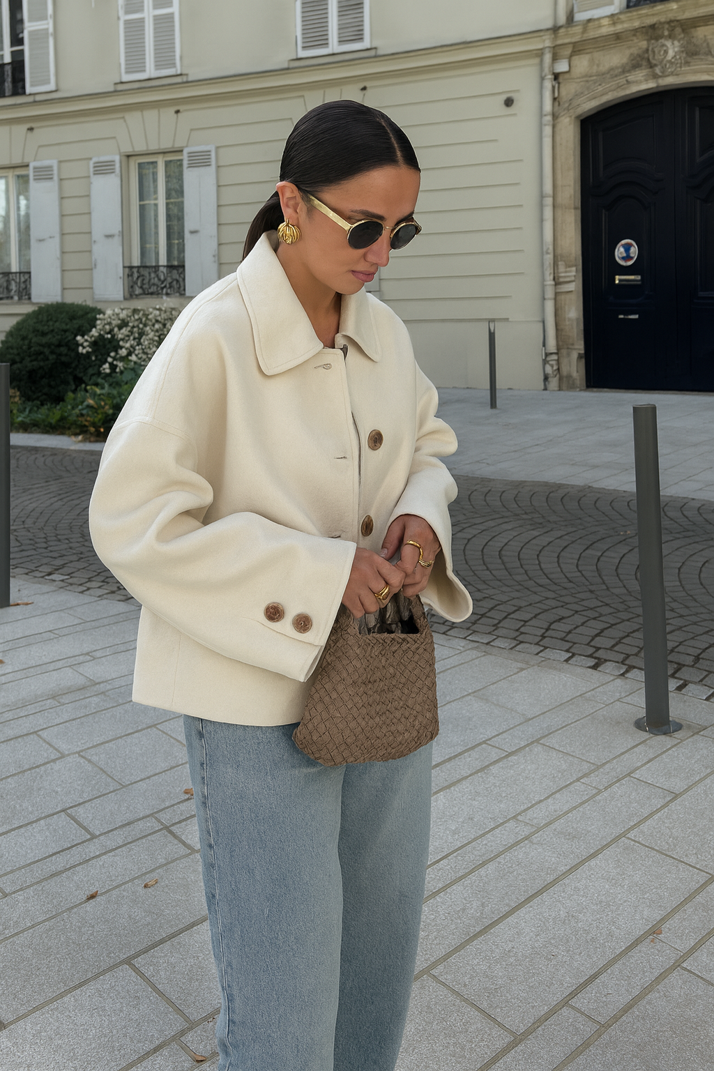 Women's Short Winter Jacket in Cream - alternate angle showing fit and fabric detail