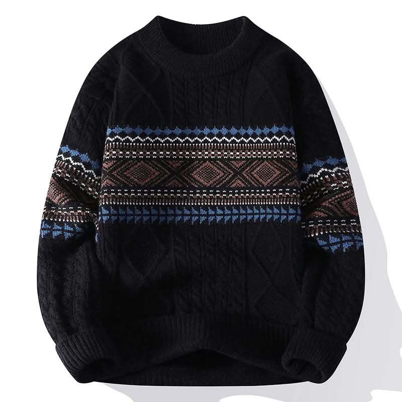 Fair Isle Cable Knit Crew Neck Sweater in Midnight - front view