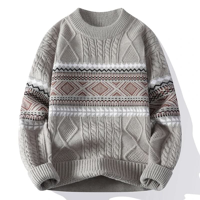 Fair Isle Cable Knit Crew Neck Sweater in Khaki - front view