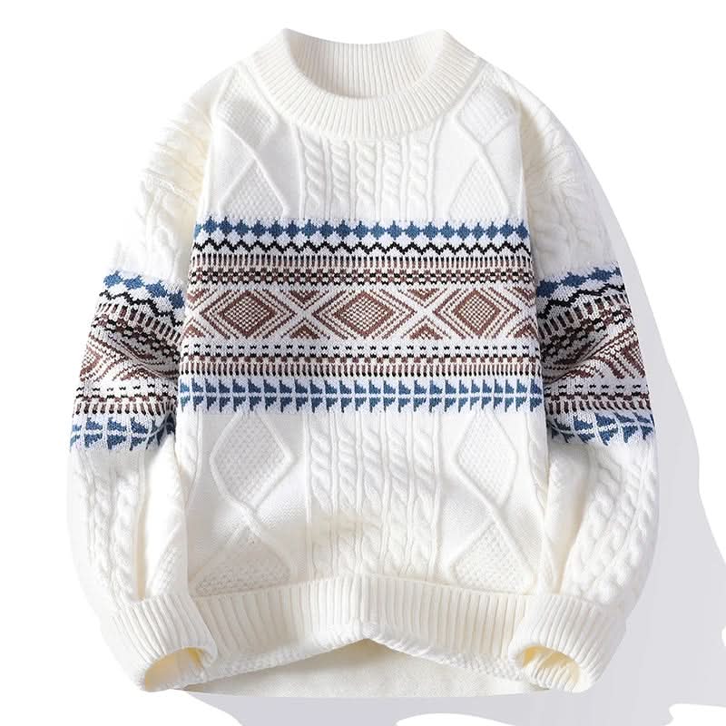 Fair Isle Cable Knit Crew Neck Sweater in Snow - front view