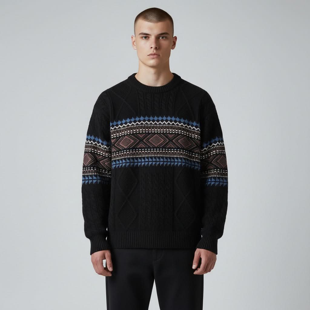 Fair Isle Cable Knit Crew Neck Sweater in Snow - alternate angle showing fit and fabric detail