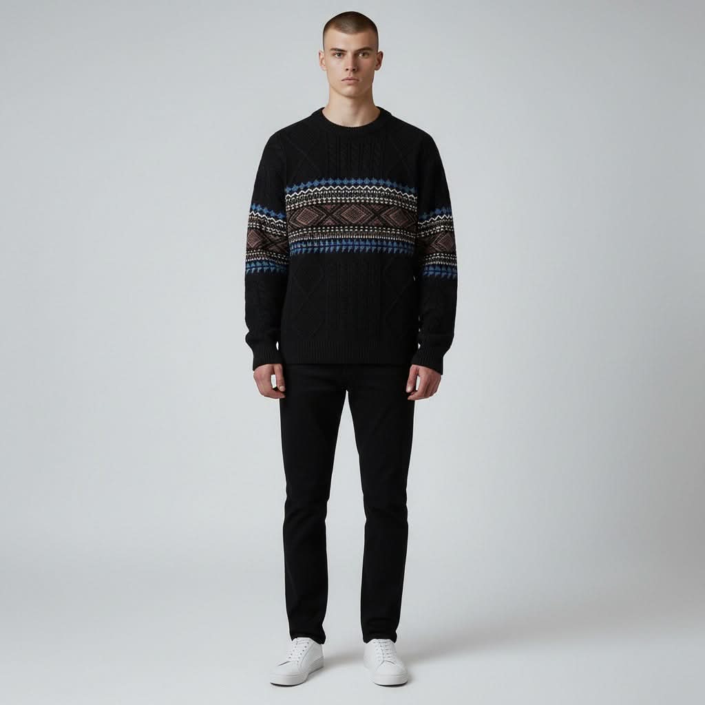 Fair Isle Cable Knit Crew Neck Sweater in Snow - alternate angle showing fit and fabric detail
