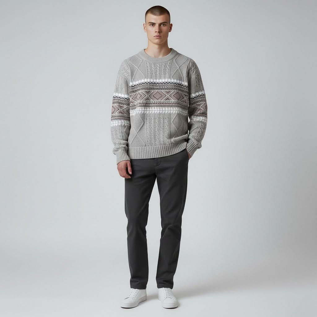 Fair Isle Cable Knit Crew Neck Sweater in Snow - alternate angle showing fit and fabric detail