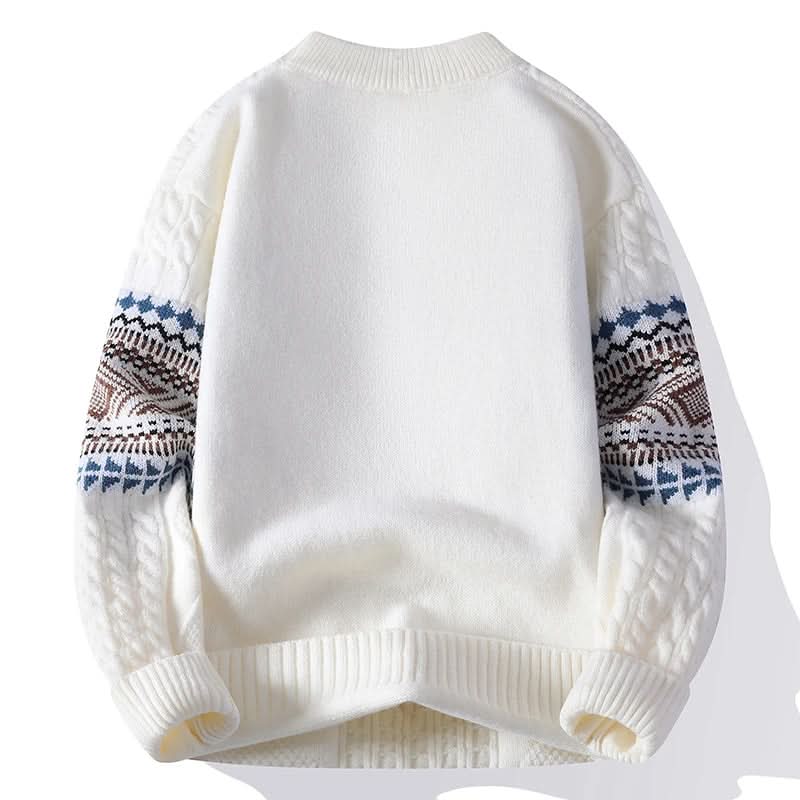 Fair Isle Cable Knit Crew Neck Sweater in Snow - alternate angle showing fit and fabric detail
