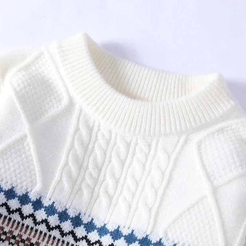 Fair Isle Cable Knit Crew Neck Sweater in Snow - alternate angle showing fit and fabric detail