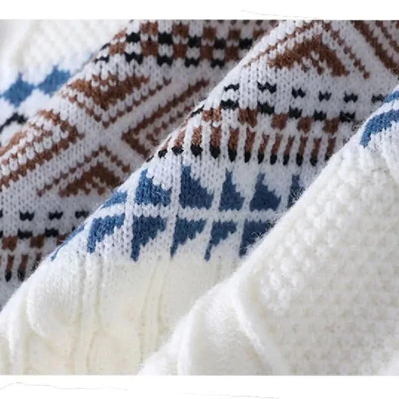 Fair Isle Cable Knit Crew Neck Sweater in Snow - alternate angle showing fit and fabric detail