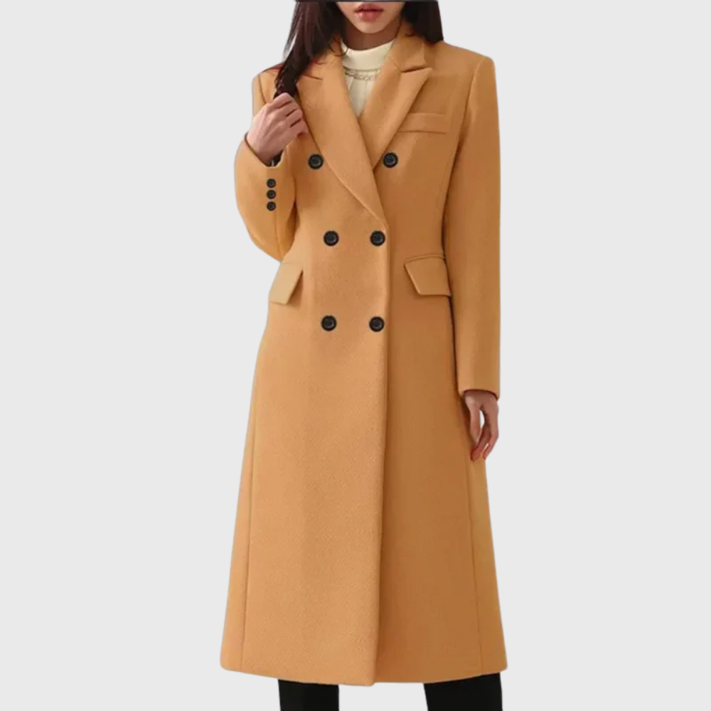 Women's Long Double-Breasted Coat in Brown - front view