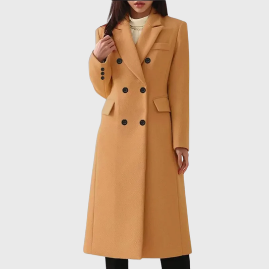 Women's Long Double-Breasted Coat in Brown - front view
