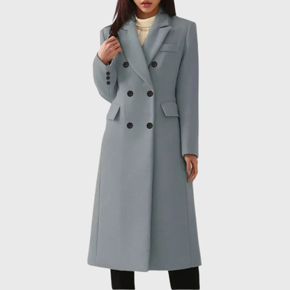 Women's Long Double-Breasted Coat in Grey - front view