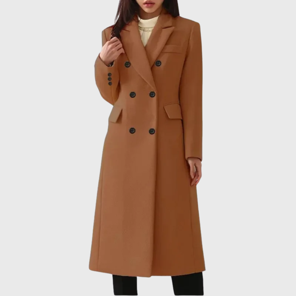 Women's Long Double-Breasted Coat in Dark Brown - front view