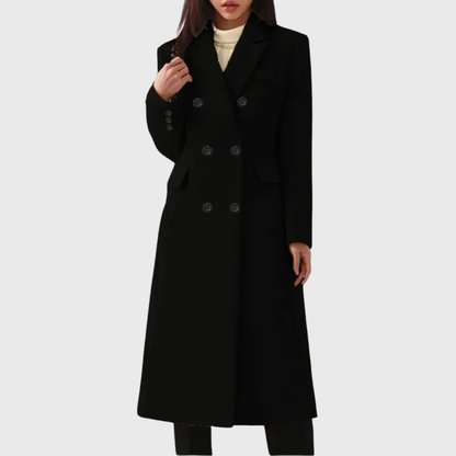 Women's Long Double-Breasted Coat in Black - front view
