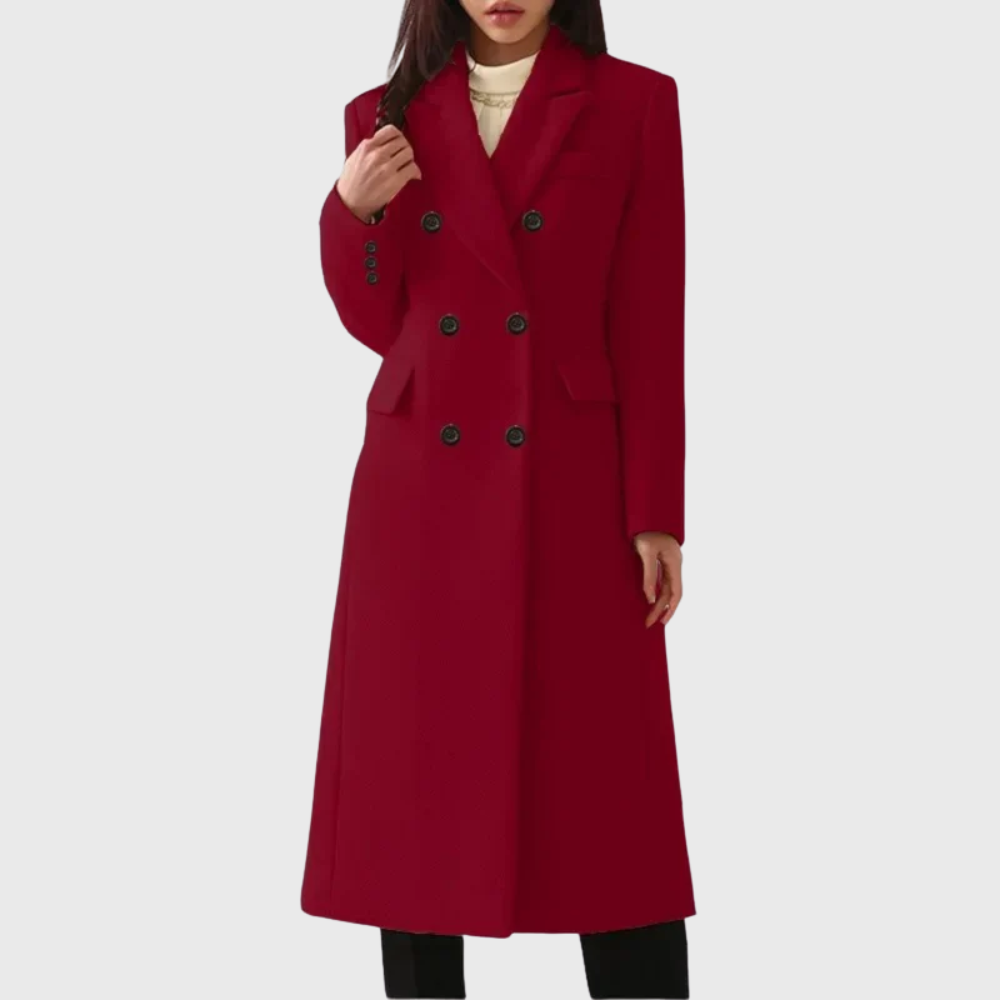 Women's Long Double-Breasted Coat in Wine Red - front view