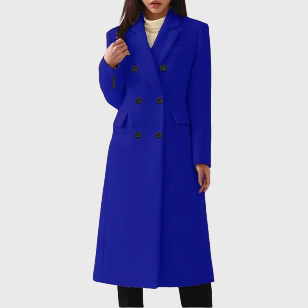 Women's Long Double-Breasted Coat in Blue - front view