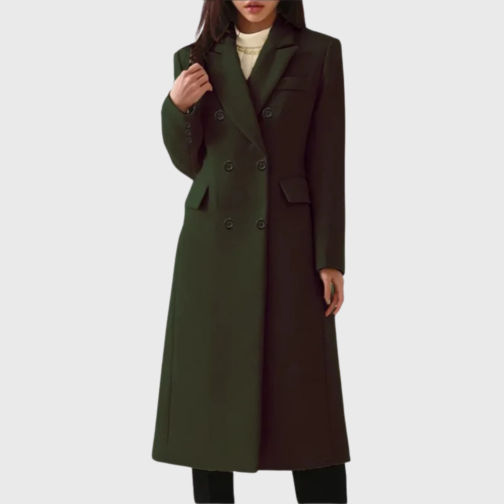 Women's Long Double-Breasted Coat in Dark Green - front view