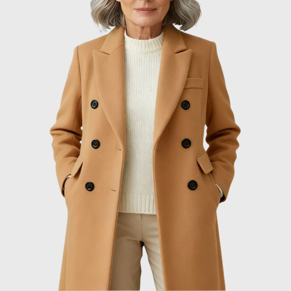 Women's Long Double-Breasted Coat in Dark Green - alternate angle showing fit and fabric detail