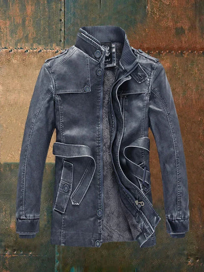 Men's Vintage Faux Leather Jacket with Belted Waist in Blue - front view